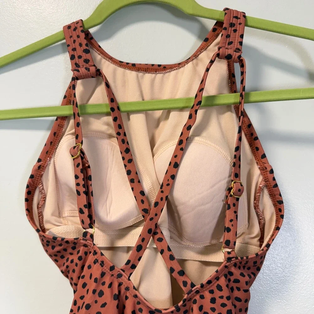 Kona‎ Sol Womens Rust Orange Spotted Animal Print High Neck One Piece Swimsuit S